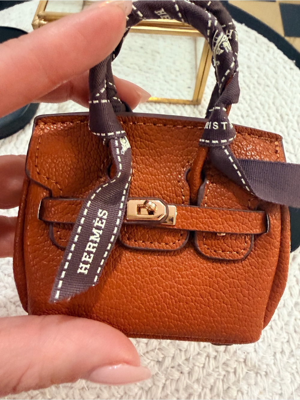 Mini Tan Handbag & Puffy Crystal Logo Charm Keychain | NEW | Accessory Set - Picture 4 of 8